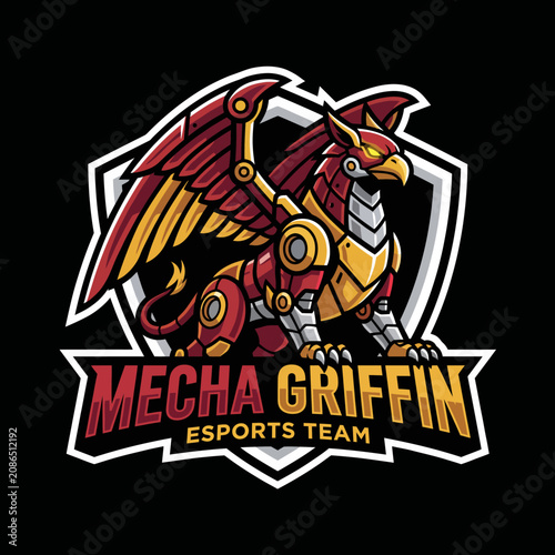 This bold and vibrant logo showcases a robotic griffin, ideal for an esports team, symbolizing strength, agility, and a futuristic edge in the competitive gaming arena.