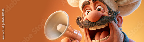 A Humorous Caricature Chef Shouting Through a Megaphone on Yellow-Orange Background with Copy Space, Perfect for Restaurant or Pizzeria Advertising. Generative Ai.