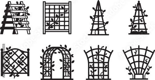 Schilderij op canvas Eight stylish trellis and arbor garden structures with climbing plants Vector