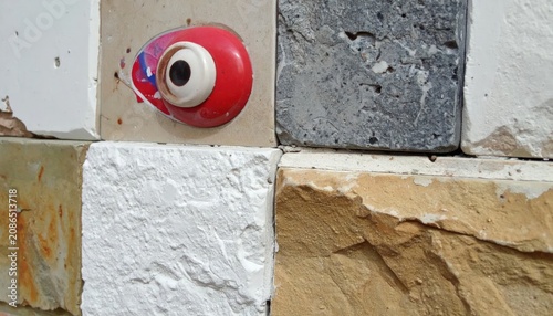 Red Eyeball Shaped Wall Fixture Mounted on Textured Stone Tile Surface
