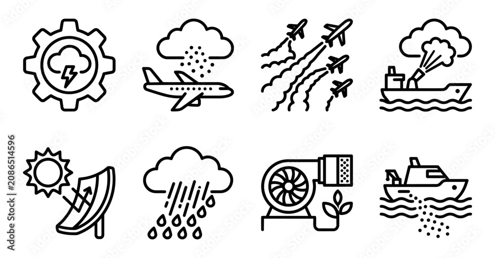 Obraz premium Set of weather modification and climate control technology line icons for environmental engineering Minimal stroke icon set bundle collection. Editable Vector Illustration Mega pack