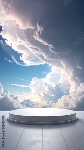 Futuristic white stage under cloudy sky.