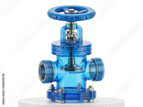 Blue industrial valve, metallic plumbing component, shiny blue faucet, water control device