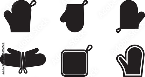 Set of six oven mitts and pot holders illustrated in black Vector
