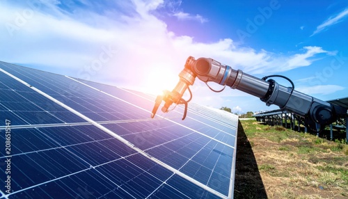 Robotic Arm Inspecting Solar Panel Array in Sunny Renewable Energy Farm
