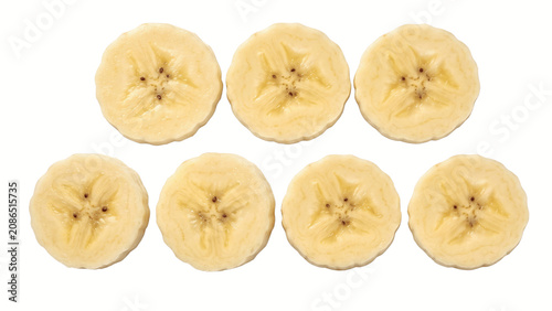 Seven fresh banana slices isolated PNG on transparent background