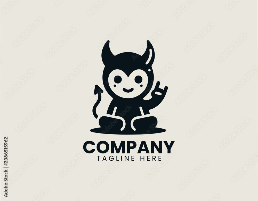 Fototapeta premium Cute devil mascot making rock hand sign black vector logo illustration style