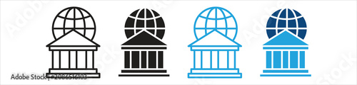 International bank icon set, representing global banking, financial services, money transfer, international finance, and secure transactions, vector illustration