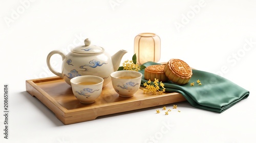 Traditional Chinese tea set with mooncakes and osmanthus flowers on a wooden tray.