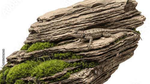 A spiny lizard resting on a mossy rock isolated PNG on transparent background