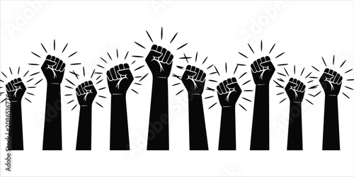 Foto Multiple black silhouette raised fists with radiating lines on white background