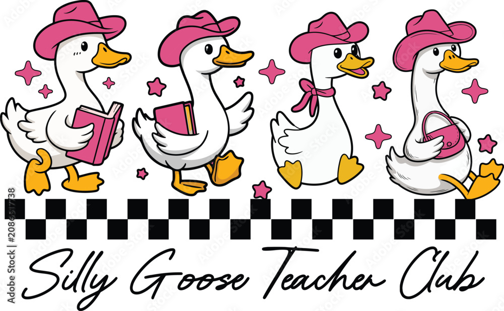 Obraz premium Silly Goose Teacher Club Western Pink Hat Checkerboard Clipart