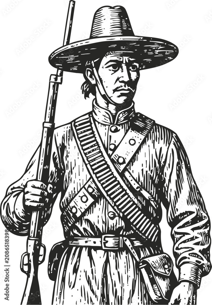 Fototapeta premium Mexican revolutionary soldier with rifle and ammunition bandolier vintage engraving illustration