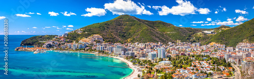 Town of Budva beach and modern coastline architecture panoramic view