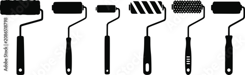 Set of black paint roller icons for house renovation and wall painting work isolated on white background, Vector