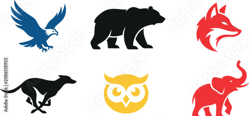 Photography Minimalist Wild Animals Logo Badge Vector Set Featuring Flying Eagle, Walking Be