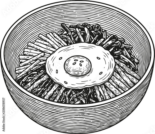 Korean bibimbap bowl with fried egg and assorted vegetables line art illustration