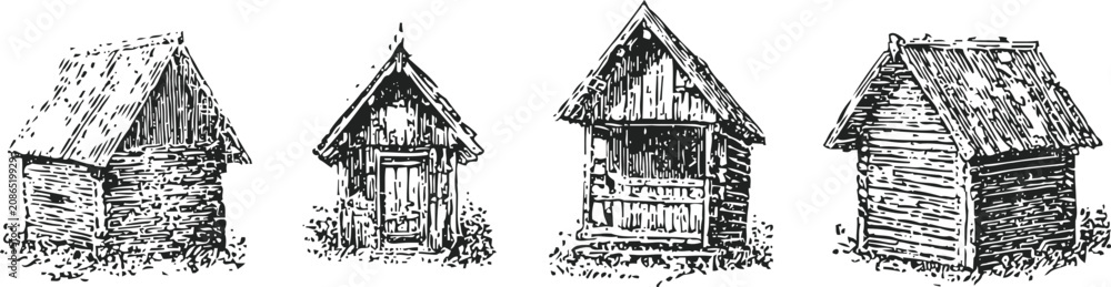 Naklejka premium rustic wooden cabin sketches hand drawn old village houses illustration