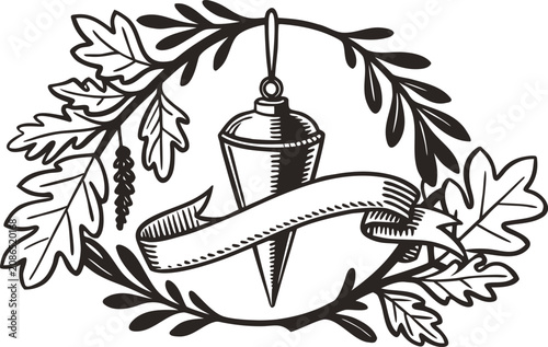 Tableau sur toile Vintage plumb bob tool logo illustration surrounded by an oak leaf wreath and ri