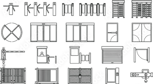 Foto Stadium access points minimal vector icons sheet containing turnstiles sliding d