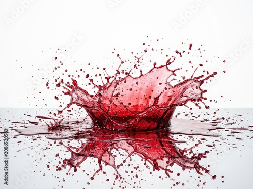 Red wine splash, liquid splatter, dynamic fluid motion, isolated on white