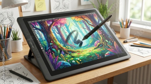 Creative digital art on tablet display with stylus in bright studio environment, ideal for graphic design and artistic inspiration on a wooden desk background