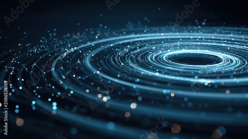 Abstract digital artwork of concentric glowing blue circles with connected particles swirling towards a central point