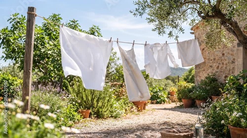 White laundry and clothes drying on clothesline, gently blowing in wind in green rustic backyard garden.