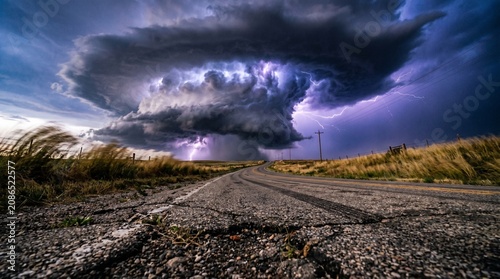 Stormy weather on road.