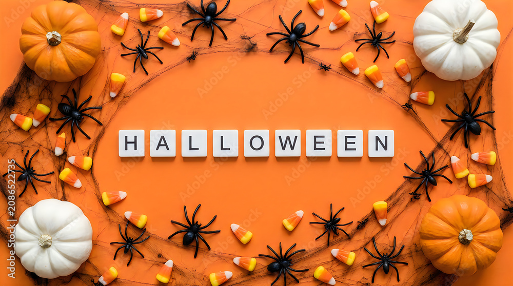 Obraz premium Halloween decorations, orange pumpkins, black spiders, candy corn garland, spooky seasonal setup