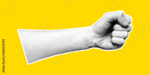 Tableau sur toile Vector halftone collage clenched fist arm on yellow background