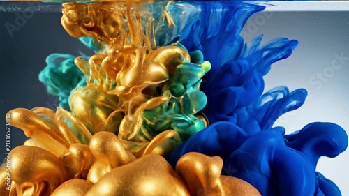 Swirling metallic gold paint clouds add a touch of elegance to design projects, suitable for artistic concepts and luxury branding.