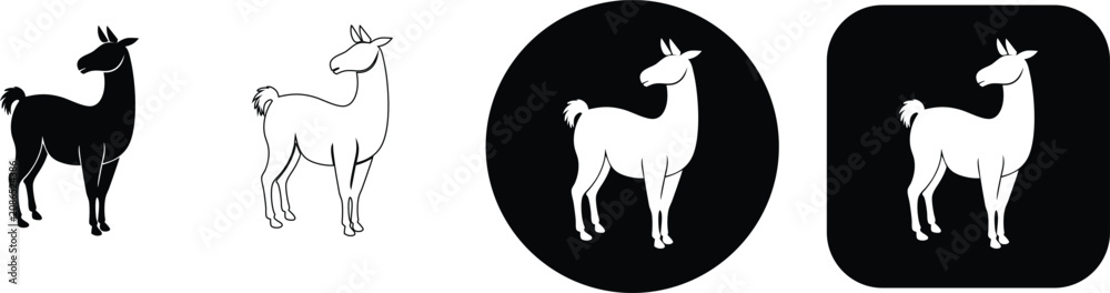 Fototapeta premium Four variations of a llama animal featuring solid black, thin line, and white silhouettes on circular and square bases
