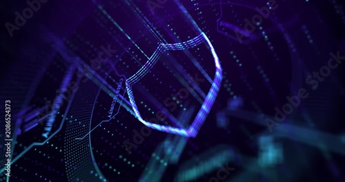 Abstract animation of a glowing digital wireframe shield made of data particles on a dark purple cyber security background.