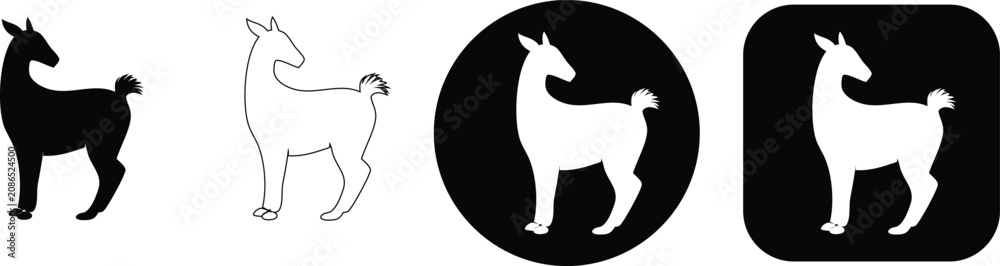 Fototapeta premium Four variations of a llama animal featuring solid black, thin line, and white silhouettes on circular and square bases