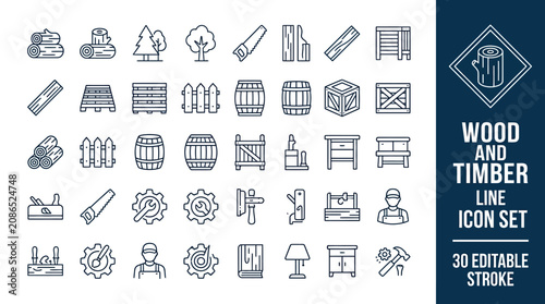 Canvastavla 30 wood and timber line icons with editable stroke for carpentry, lumber, and furniture design projects