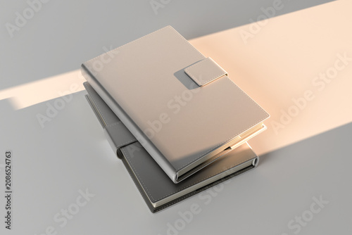 Fotografie Leather diary mockup with magnetic buckle, blank white and black cover notebook