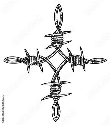 Foto Barbed wire cross tattoo illustration on black background