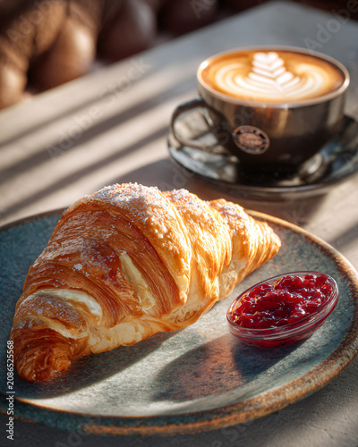 Fresh warm butter croissant with realistic steam rising naturally, crispy flaky golden layers, creamy European butter, homemade strawberry jam, cappuccino with heart latte art