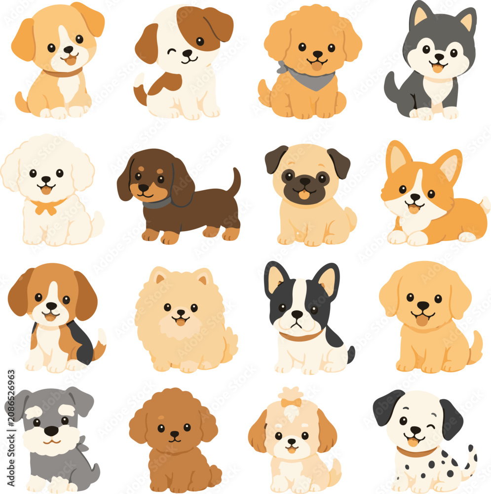 Fototapeta premium Cute Dog Collection, Flat Vector Illustration Set of Dogs Clipart