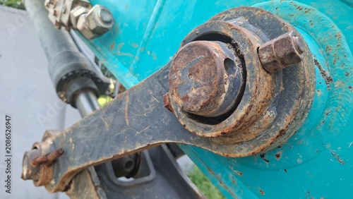 Rusty bolt and hinge mechanism close up