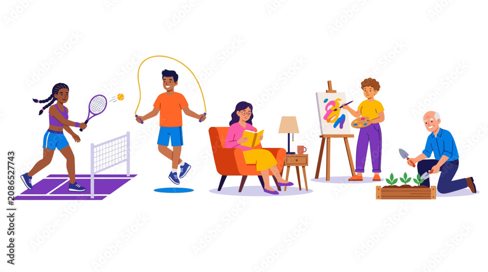 Fototapeta premium Diverse people enjoying leisure activities: sports, reading, art, and gardening.
