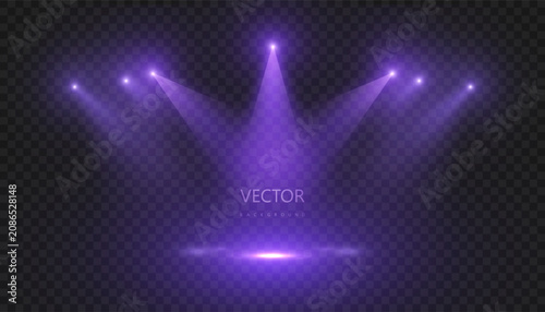 Purple stage spotlights illuminating a glowing floor light on a dark transparent background. Vector illustration for concert scenes, nightclub events, product presentations and entertainment design.