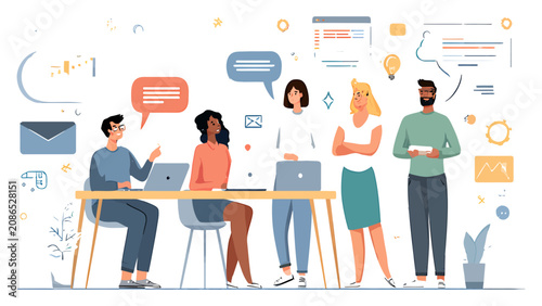 Colleagues collaborate in a modern office environment to complete their group business project.