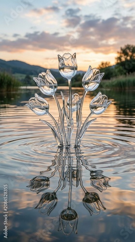 glass tulip flowers in water with sunset reflection