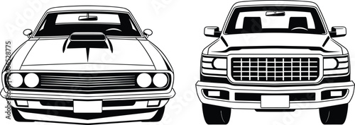 Classic muscle car and pickup truck front view, outline vector illustration automotive vehicle design collection icons