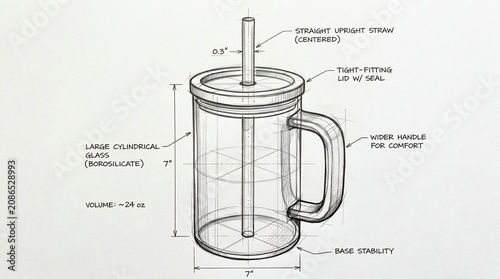 technical sketch of a glass tumbler with straw and handle