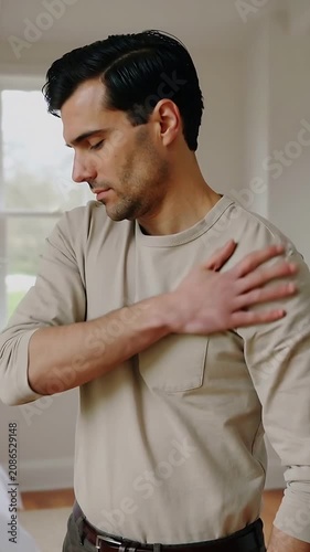 Vertical video: Rubbing man in beige shirt soothing left shoulder pain in bedroom by sunlit window