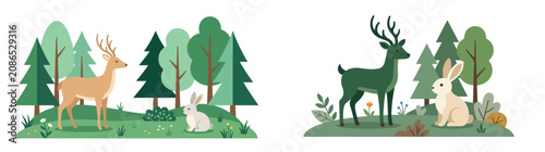 Photography Flat vector illustration of wild animals including deer and rabbit in a lush gre