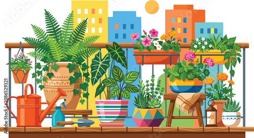 Foto Flat Vector Urban Balcony Garden Illustration with Potted Houseplants Blooming F